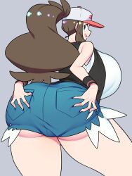 Rule 34 | 1girl, ass, ass focus, back, bellupup, breasts, creatures (company), female focus, game freak, grey background, hat, highres, hilda (pokemon), huge ass, huge breasts, long hair, looking at viewer, looking back, nintendo, pokemon, pokemon bw, ponytail, sideboob, solo, standing, thick thighs, thighs