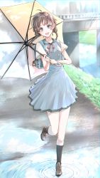 Rule 34 | 1girl, :d, absurdres, ahoge, black socks, blue bag, blue dress, blush, braid, breasts, bridge, brown footwear, brown hair, buttons, charm (object), commentary request, day, dress, grass, highres, holding, holding umbrella, kneehighs, loafers, looking at viewer, matsunaga777, medium hair, neck ribbon, open mouth, original, parasol, pleated dress, puddle, raglan sleeves, red ribbon, ribbon, ripples, shoes, short sleeves, small breasts, smile, socks, solo, sparkle, standing, sunlight, twin braids, umbrella, water, wide sleeves