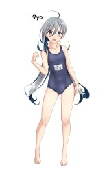 Rule 34 | 1girl, absurdres, ahoge, bare shoulders, barefoot, blue one-piece swimsuit, collarbone, commentary request, covered navel, flat chest, full body, grey eyes, grey hair, hair between eyes, highres, kantai collection, kiyoshimo (kancolle), long hair, low twintails, name tag, new school swimsuit, one-piece swimsuit, open mouth, round teeth, school swimsuit, simple background, solo, swimsuit, takafumi, teeth, twintails, upper teeth only, variant set, very long hair, white background