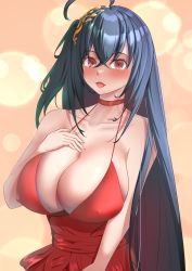 Rule 34 | 1girl, absurdres, ahoge, azur lane, black hair, breasts, choker, cleavage, cocktail dress, covered erect nipples, dress, evening gown, hair ornament, hand on own chest, highres, huge breasts, long hair, looking at viewer, no bra, official alternate costume, open mouth, red choker, red dress, red eyes, simple background, solo, sub aru b skl, taihou (azur lane), taihou (forbidden feast) (azur lane), upper body, very long hair