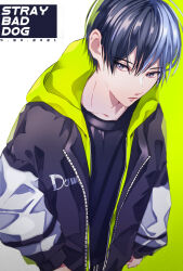 Rule 34 | 1boy, aoyagi touya, arms at sides, black shirt, blue hair, commentary, dark blue hair, dated, grey eyes, highres, hood, hood down, hooded jacket, jacket, long sleeves, male focus, multicolored hair, open clothes, open jacket, parted lips, project sekai, risu (ktc 123), shirt, short hair, sideways glance, solo, split-color hair, two-tone hair, upper body, zipper