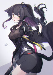 Rule 34 | 1girl, 99noe honoka, animal ears, arknights, ass, black jacket, black shirt, black shorts, breasts, cat ears, cat girl, cat tail, commentary request, gun, hair ornament, highres, holding, holding gun, holding weapon, id card, jacket, jessica (arknights), jessica the liberated (arknights), long hair, looking at viewer, medium breasts, microphone, open mouth, paw print, ponytail, purple background, purple hair, shirt, shorts, simple background, solo, tail, tearing up, twisted torso, weapon, yellow eyes
