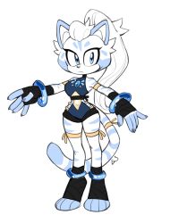 Rule 34 | 1girl, :&lt;, animal ears, animal nose, arm wrap, artist name, bad id, bad twitter id, bangle, bare shoulders, blue eyes, blue nails, bracelet, breasts, commentary, english commentary, fingernails, furry, furry female, gloves, high ponytail, highres, jewelry, kaijumilk (milkchaotea), leg wrap, long fingernails, long hair, looking at viewer, nail polish, narrow waist, original, romper, signature, simple background, sleeveless, solo, standing, tail, toeless legwear, toes, very long hair, white background, white hair