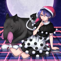 Rule 34 | 13 (spice!!), 1girl, ankle boots, arm support, bad id, bad pixiv id, blue eyes, blue hair, book, boots, capelet, checkered floor, doremy sweet, dream soul, dress, eating, finger to mouth, full moon, fur trim, hat, highres, looking at viewer, moon, night, night sky, nightcap, parted lips, pom pom (clothes), short hair, sitting, sky, solo, star (sky), starry sky, tail, tapir, tapir tail, touhou, white footwear, yokozuwari