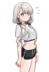 Rule 34 | 1girl, absurdres, black ribbon, black shorts, blunt bangs, blush, braid, breasts, brown eyes, commentary, cowboy shot, crop top, crop top overhang, dolphin shorts, english commentary, eyes visible through hair, grey hair, hair ribbon, hand on own thigh, highres, hisakawa nagi, idolmaster, idolmaster cinderella girls, long hair, looking at viewer, low twintails, midriff, navel, notice lines, ribbon, shirt, short shorts, short sleeves, shorts, simple background, solo, standing, syhan, twintails, white background, white shirt