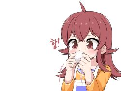 Rule 34 | 1girl, absurdres, ahoge, blush, breasts, collarbone, dot nose, eating, flipped hair, food, hair between eyes, highres, holding, holding food, idolmaster, idolmaster shiny colors, komiya kaho, korean text, long hair, mochi, motion lines, own hands together, parted lips, pelican (s030), red eyes, red hair, shirt, sidelocks, simple background, small breasts, solo, solo focus, speech bubble, striped clothes, striped shirt, suspenders, sweat, sweatdrop, translation request, white background, yellow shirt