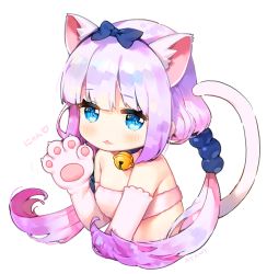 Rule 34 | 10s, 1girl, :3, animal ears, animal hands, artist name, ayami (annahibi), bandeau, bare shoulders, beads, bell, blue bow, blue eyes, bow, cat ears, cat tail, collar, hair beads, hair bow, hair ornament, jingle bell, kanna kamui, kobayashi-san chi no maidragon, long hair, looking at viewer, low twintails, neck bell, paw pose, signature, simple background, solo, tail, twintails, upper body, white background
