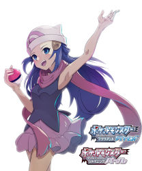 Rule 34 | 1girl, bare legs, blue eyes, breasts, creatures (company), dawn (pokemon), game freak, glowing, hair ornament, highres, holding, holding poke ball, logo, long hair, looking at viewer, nintendo, poke ball, poke ball (basic), pokemon, pokemon bdsp, scarf, silhouette, simple background, skirt, smile, solo, tamagokake candy, white background