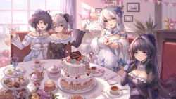 Rule 34 | 4girls, :d, absurdres, ahoge, anniversary, balloon, bare shoulders, black bow, black dress, blue dress, blue eyes, blue flower, bow, breasts, bronya zaychik, cake, cleavage, cleavage cutout, closed eyes, closed mouth, clothing cutout, cup, cupcake, doughnut, dress, drill hair, flower, food, fork, formal, frilled dress, frills, grey eyes, grey hair, hair bow, hair flower, hair ornament, highres, holding, holding fork, holding plate, homei (honkai impact), homu (honkai impact), honkai (series), honkai impact 3rd, indoors, kiana kaslana, large breasts, long sleeves, macaron, medium breasts, multiple girls, off-shoulder dress, off shoulder, open mouth, pancake, plate, ponytail, purple eyes, purple hair, raiden mei, seele vollerei, short hair, small breasts, smile, table, tea, teacup, teapot, twin drills, twintails, v, white curtains, white dress, window, yelan xing xuan