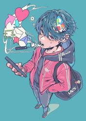 Rule 34 | 1boy, blue background, blue hair, casual, cellphone, commentary, foreshortening, full body, hand in pocket, headphones, highres, holding, holding phone, hood, jacket, looking at viewer, male focus, open mouth, original, phone, red eyes, red jacket, shoes, short hair, simple background, smartphone, sneakers, social network, solo, standing, tears, yottasun