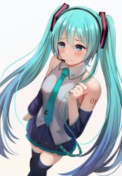 Rule 34 | 1girl, absurdly long hair, absurdres, anniversary, aqua eyes, aqua hair, arm tattoo, artist name, artist request, bad id, bad pixiv id, blue eyes, blue hair, commentary, detached sleeves, embarrassed, female focus, from above, hatsune miku, headset, highres, light blush, long hair, necktie, ponyaru, solo, tattoo, twintails, very long hair, vocaloid, white background
