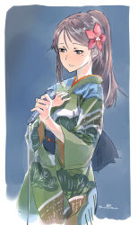 Rule 34 | 10s, 1girl, amagi (kancolle), blue background, brown eyes, brown hair, cowboy shot, flower, furisode, hair between eyes, hair flower, hair ornament, hand on own chest, highres, holding, japanese clothes, kantai collection, kimono, long hair, long sleeves, microphone, mole, mole under eye, music, parted bangs, parted lips, ponytail, signature, singing, solo, standing, suzumaru, twitter username, wide sleeves