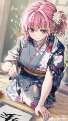 1girl blue_eyes blue_kimono blue_nails blush bonsai breasts calligraphy_brush cherry_blossoms closed_mouth daidou_(demitasse) fingernails floral_print floral_print_kimono flower hair_flower hair_ornament highres holding holding_calligraphy_brush holding_paintbrush indoors japanese_clothes kimono large_breasts long_hair megurine_luka nail_polish one_side_up paintbrush pink_hair print_kimono scroll smile solo tatami vocaloid white_flower