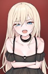 Rule 34 | 1girl, bad id, bad pixiv id, bare shoulders, black collar, black dress, blonde hair, blue eyes, collar, collarbone, commentary request, copyright request, crossed arms, dress, hair between eyes, half-closed eyes, long hair, looking at viewer, off-shoulder dress, off shoulder, open mouth, piripun, red background, simple background, solo, upper body, very long hair