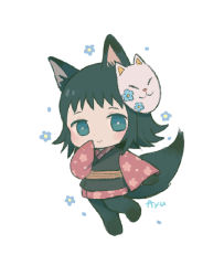 Rule 34 | 1girl, animal ears, ayu (mog), black hair, black pantyhose, blue eyes, blush, bodystocking, bright pupils, chibi, closed mouth, commentary, copyright request, english commentary, fox ears, fox mask, fox tail, haori, japanese clothes, kimono, long sleeves, looking at viewer, mask, mask on head, mixed-language commentary, pantyhose, pink kimono, short hair, signature, smile, solo, tail