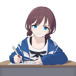 Rule 34 | 1girl, blue eyes, blue jacket, blush, brown hair, chinese commentary, clothes writing, collarbone, commentary request, desk, girls band cry, highres, holding, holding pen, iseri nina, jacket, long sleeves, low twintails, open clothes, open jacket, open mouth, pen, school desk, shirt, short hair, short twintails, simple background, sleeves past wrists, solo, sweatdrop, twintails, white background, white shirt, yun cao bing