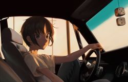 Rule 34 | 1girl, blurry, blurry background, brown eyes, brown hair, car interior, closed mouth, denim, depth of field, dice, from side, highres, knee up, litra (ltr0312), looking at viewer, original, pants, shirt, short hair, short sleeves, sitting, smile, solo, steering wheel, sunset, t-shirt, white shirt
