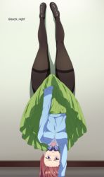 Rule 34 | arm support, asobi night, black pantyhose, blue cardigan, cardigan, covering privates, covering crotch, go-toubun no hanayome, green skirt, handstand, headphones, highres, loafers, lycoris challenge (meme), lycoris recoil, meme, nakano miku, one arm handstand, pantyhose, parody, red hair, scene reference, shoes, skirt, thick thighs, thighs, twitter username, upside-down