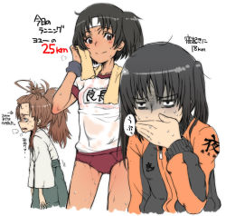 Rule 34 | 3girls, alternate costume, black hair, brown eyes, brown hair, covering own mouth, drying, gym shirt, gym uniform, hand over own mouth, headband, heavy breathing, kantai collection, kuma (kancolle), long hair, long sleeves, multiple girls, nagara (kancolle), one side up, sendai (kancolle), shirt, standing, sweat, tabigarasu, towel, towel around neck, translation request, two side up