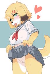 Rule 34 | 1girl, animal ears, ascot, blonde hair, blue eyes, blush, body fur, borrowed character, cleft of venus, clothes lift, crayon (crayon1006), crop top, dog ears, dog girl, female focus, furry, furry female, hair ornament, hairclip, heart, heart-shaped pupils, highres, lifted by self, multicolored fur, original, pleated skirt, pussy, pussy juice, sailor collar, school uniform, short sleeves, skirt, skirt lift, solo, symbol-shaped pupils, tongue, tongue out, white fur, yellow fur
