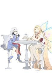 Rule 34 | 2girls, absurdly long hair, absurdres, ankle boots, aurora (fate), black gloves, blonde hair, blue dress, blue footwear, boots, braid, brown shirt, butterfly wings, cookie, cup, curtained hair, dress, earrings, fate/grand order, fate (series), food, forehead, forked eyebrows, full body, gloves, hair between eyes, halterneck, head rest, high heel boots, high heels, highres, holding, holding cup, holding food, hoop earrings, house tag denim, insect wings, jewelry, long hair, looking at another, melusine (fate), melusine (second ascension) (fate), multiple girls, parted bangs, pointy ears, saucer, shirt, side braid, simple background, sitting, smile, stool, table, teacup, tiered tray, very long hair, white background, white dress, white hair, wings, yellow eyes