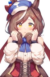 Rule 34 | 1girl, absurdres, animal ears, beret, blush, brown hair, commentary request, detached sleeves, ears through headwear, hair ornament, hairclip, hands in hair, hat, highres, horse ears, horse girl, looking at viewer, medium hair, ribbon, simple background, solo, umamusume, white background, yamato (muchuu paradigm), yellow eyes