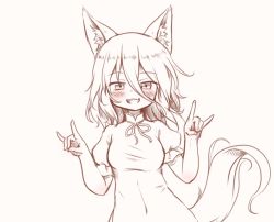 Rule 34 | 1girl, animal ears, arinu, blush, covered navel, double fox shadow puppet, fox ears, fox shadow puppet, fox tail, hair between eyes, kudamaki tsukasa, open mouth, ribbon, romper, short hair, short sleeves, simple background, sketch, smile, solo, tail, touhou, upper body, white background