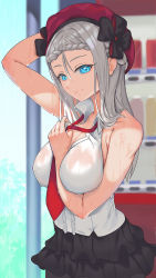 Rule 34 | 1girl, aged up, bare shoulders, beret, black skirt, blue eyes, braid, breasts, closed mouth, feet out of frame, french braid, girls&#039; frontline, grey hair, hand on own head, hat, highres, holding necktie, jamgom, large breasts, long hair, looking at viewer, mp5 (girls&#039; frontline), necktie, red hat, red necktie, shirt, skirt, smile, solo, standing, wet, wet clothes, white shirt