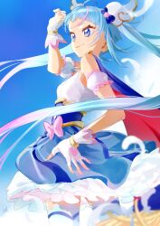 Rule 34 | 1girl, absurdres, ahoge, blue eyes, blue hair, blue skirt, bow, cape, commentary, cure sky, detached sleeves, fingerless gloves, gloves, hand on own hip, highres, hirogaru sky! precure, magical girl, pink bow, precure, puffy detached sleeves, puffy sleeves, shipu (gassyumaron), single sidelock, skirt, smile, sora harewataru, thighhighs, twintails, two-sided cape, two-sided fabric, white gloves, white thighhighs, wing hair ornament
