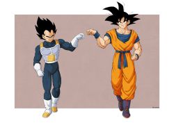 Rule 34 | 2boys, armor, black eyes, black hair, boots, clenched hands, commentary, dougi, dragon ball, dragonball z, fist bump, gloves, grey background, jamie loughran, male focus, multiple boys, muscular, muscular male, redrawn, smile, son goku, spiked hair, vegeta, walking, white gloves, wristband