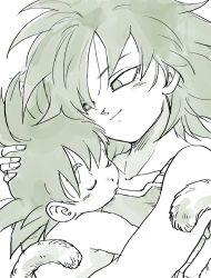 Rule 34 | 1boy, 1girl, armor, baby, bare arms, bare shoulders, black hair, carrying, child carry, close-up, commentary request, dragon ball, expressionless, eyelashes, closed eyes, fingernails, gine, green theme, greyscale, hair over one eye, hand on another&#039;s head, highres, hug, looking at another, monochrome, mother and son, short hair, simple background, sleeping, smile, son goku, spiked hair, tail, tkgsize, upper body, white background