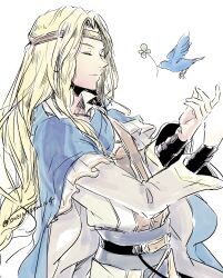 1boy bird blonde_hair blue_bird blue_cape cape circlet closed_eyes commentary_request elffin_(fire_emblem) fire_emblem fire_emblem:_the_binding_blade highres long_hair male_focus nintendo simple_background twitter_username umi_(_oneinchswing) very_long_hair white_background