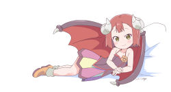 Rule 34 | 1girl, blush stickers, brown eyes, camisole, commentary, demon wings, endro!, highres, horns, looking at viewer, lying, mao (endro!), on side, reclining, red hair, shirakawa mayumi, short hair, skirt, solo, spaghetti strap, white background, wings