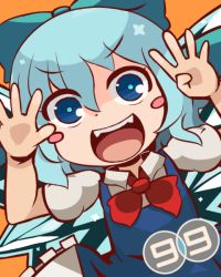 Rule 34 | 1girl, :d, bad id, bad pixiv id, blue bow, blue eyes, blue hair, bow, circled 9, cirno, dress, fangs, hair bow, ice, ice wings, jujino neju, matching hair/eyes, nagomibako (nagomi-99), open mouth, orange background, puffy short sleeves, puffy sleeves, red bow, short hair, short sleeves, simple background, smile, solo, touhou, wings