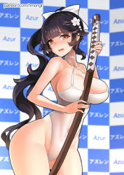 Rule 34 | 1girl, ass, azur lane, between breasts, black hair, blush, breasts, brown eyes, cleavage, flower, hair flower, hair ornament, hair ribbon, highleg, highleg swimsuit, hm (hmongt), large breasts, long hair, looking at viewer, navel, one-piece swimsuit, open mouth, ponytail, ribbon, sofmap background, solo, standing, step and repeat, swimsuit, sword, takao (azur lane), takao (beach rhapsody) (azur lane), watermark, weapon, web address, white one-piece swimsuit, wooden sword
