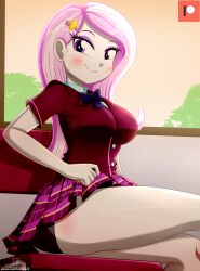 Rule 34 | 1girl, artist name, ass, breasts, clothes lift, fleur dis lee, hair ornament, hairclip, hasbro, highres, large breasts, looking at viewer, my little pony, my little pony: equestria girls, my little pony: friendship is magic, panties, patreon, patreon logo, plaid, plaid skirt, school uniform, signature, sitting, skirt, skirt lift, smile, solo, teasing, the-butch-x, thighs, underwear
