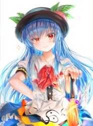 Rule 34 | 1girl, absurdres, artist name, black hat, blue hair, blue skirt, blush, bow, bowtie, center frills, closed mouth, collarbone, commentary request, flat chest, food, frills, fruit, hand on own hip, hat, highres, hinanawi tenshi, huge filesize, leaf, long hair, looking at viewer, peach, puffy short sleeves, puffy sleeves, red bow, red bowtie, red eyes, shirt, short sleeves, sidelocks, simple background, skirt, smirk, solo, sparkle, standing, sword of hisou, touhou, upper body, very long hair, white background, white shirt, zuzuhashi