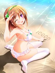 Rule 34 | 1girl, ;d, arm up, bare arms, bare shoulders, bashen chenyue, beach, bikini, bikini skirt, blush, bow, breasts, brown hair, cleavage, clover, collarbone, commentary request, day, from above, full body, glint, green bow, green hairband, hair between eyes, hairband, highres, light rays, long hair, looking at viewer, looking back, medium breasts, ocean, one eye closed, open mouth, original, outdoors, purple eyes, salute, sand writing, see-through, shadow, shiny clothes, shiny skin, sitting, smile, solo, sparkle, summer, swimsuit, thighhighs, tree shade, wariza, white bikini, white thighhighs