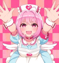 Rule 34 | 1girl, ahoge, apron, armband, arms up, artist name, blue dress, blue hair, blush, breasts, buttons, checkered background, choker, collar, collarbone, commentary request, dress, fang, frilled apron, frilled collar, frilled cuffs, frilled dress, frilled hat, frilled skirt, frills, hair intakes, hat, idolmaster, idolmaster cinderella girls, looking at viewer, medium breasts, multicolored background, multicolored hair, no pupils, nurse cap, o-ring, open mouth, outstretched arms, outstretched hand, palms, pink background, pink choker, pink eyes, pink hair, puffy short sleeves, puffy sleeves, ringed eyes, short sleeves, simple background, skirt, smile, solo, streaked hair, twitter username, two-tone background, two-tone hair, udon (memai no kabe), v-shaped eyebrows, white hat, wrist cuffs, yumemi riamu