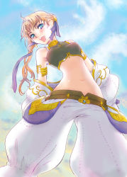 Rule 34 | 00s, 1girl, aphmau, armlet, baggy pants, blonde hair, blue eyes, blush, cloud, day, detached sleeves, female focus, final fantasy, final fantasy xi, happy, highres, hume, long hair, midriff, outdoors, oxoxox, pants, sky, solo