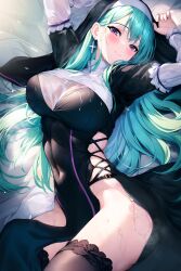Rule 34 | 1girl, absurdres, arms up, black thighhighs, black veil, breasts, closed mouth, clothing cutout, covered navel, cross, cross earrings, earrings, green hair, habit, highres, jewelry, large breasts, long hair, long sleeves, looking at viewer, lying, no panties, nun, on back, pelvic curtain, purple eyes, side cutout, smile, solo, sugiki, thighhighs, thighs, veil, virtual youtuber, vspo!, wet, wet clothes, yakumo beni