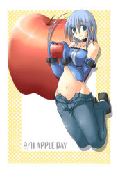 Rule 34 | 1girl, apple, blue eyes, blue hair, clothes pull, collar, denim, elbow gloves, food, fruit, gloves, holding, holding food, holding fruit, jeans, matching hair/eyes, ment, midriff, no panties, open fly, open pants, original, pants, pants pull, short hair, solo, strapless, tube top, unbuttoned, unzipped