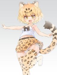 Rule 34 | 1girl, :d, adapted costume, aged down, ahoge, animal ear fluff, animal ears, belt, black bow, blonde hair, bow, breasts, commentary, extra ears, fang, gradient background, grey background, jaguar (kemono friends), jaguar ears, jaguar print, jaguar tail, kemono friends, kolshica, looking at viewer, midriff peek, navel, open mouth, outstretched arm, panties, pleated skirt, print skirt, print thighhighs, short hair, side-tie panties, simple background, skirt, small breasts, smile, solo, spaghetti strap, standing, standing on one leg, tail, thighhighs, underwear, white panties, yellow eyes