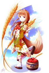 Rule 34 | 1girl, absurdres, aged down, alternate costume, animal ear fluff, animal ears, apple, blush, brown hair, child, closed mouth, floating hair, floral print, food, fruit, fudo shin, highres, holding, holding food, holding fruit, holo, japanese clothes, kimono, long hair, long sleeves, looking at viewer, print kimono, red apple, red eyes, signature, simple background, smile, solo, spice and wolf, tabi, tail, very long hair, walking, wheat, white background, white legwear, wide sleeves, wolf ears, wolf tail
