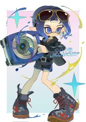 Rule 34 | 1girl, belt, belt buckle, black belt, black footwear, black jacket, black shorts, blue background, blue eyes, blue hair, blunt bangs, blush, boots, border, buckle, closed mouth, commentary, commission, corrupted twitter file, english commentary, eyewear on head, gradient background, gradient hair, highres, holding, inkling, inkling girl, inkling player character, jacket, long sleeves, multicolored hair, nintendo, outside border, p-pepper, paint, pink background, pointy ears, purple pupils, red shirt, shirt, short hair, short shorts, shorts, sidelocks, simple background, sloshing machine (splatoon), smile, solo, sparkle, splatoon (series), standing, star (symbol), sunglasses, tentacle hair, white border, yellow-framed eyewear, zipper