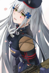 Rule 34 | 1girl, arm up, assault rifle, beret, blue hair, blush, breasts, girls&#039; frontline, gloves, green eyes, gun, h&amp;k hk416, hair ornament, hairclip, hat, highres, hk416 (girls&#039; frontline), light blue hair, long hair, looking up, medium breasts, open mouth, petals, rifle, solo, teardrop facial mark, teardrop tattoo, teeth, umber00, upper body, upper teeth only, weapon, white background, white gloves