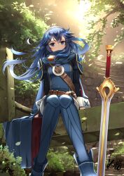 Rule 34 | 1girl, armor, artist name, belt, blue eyes, blue footwear, blue hair, boots, cape, dated, falchion (fire emblem), fire emblem, fire emblem awakening, kero sweet, long hair, long sleeves, looking at viewer, lucina (fire emblem), nintendo, outdoors, planted, planted sword, planted weapon, shoulder armor, sitting, solo, sword, thigh boots, tiara, tree, weapon