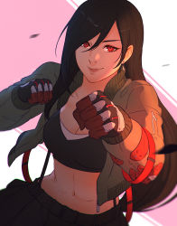 Rule 34 | 1girl, black hair, breasts, cleavage, cropped jacket, dutch angle, earrings, final fantasy, final fantasy vii, final fantasy vii remake, gloves, jacket, jewelry, koyorin, large breasts, long hair, looking at viewer, low-tied long hair, miniskirt, navel, open clothes, open jacket, red eyes, shirt, skirt, smile, solo, tank top, taut clothes, taut shirt, tifa lockhart