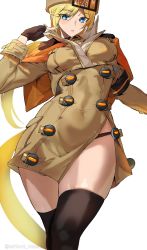 Rule 34 | arm scarf, ashiomi masato, black thighhighs, blonde hair, blue eyes, blush, commentary, fingerless gloves, fur hat, gloves, guilty gear, guilty gear strive, guilty gear xrd, hat, highres, looking at viewer, millia rage, orange hat, shiny skin, solo, thighhighs, thighs, ushanka