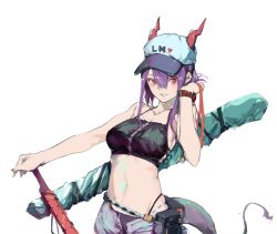 Rule 34 | 1girl, arknights, bare arms, bare shoulders, baseball cap, bikini, black bikini, breasts, ch&#039;en (arknights), ch'en (arknights), commentary, dokuro deluxe, dragon horns, dragon tail, english commentary, female tourist c (arknights), grin, hair between eyes, hand up, hat, heart, highres, horns, long hair, looking at viewer, medium breasts, navel, official alternate costume, parted lips, pouch, purple hair, red eyes, shorts, simple background, smile, solo, stomach, swimsuit, tail, upper body, white background